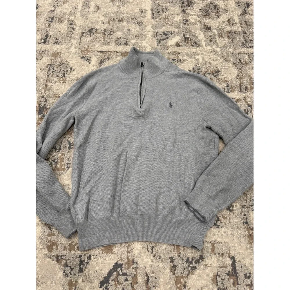 Polo Ralph Lauren Mens Grey Pima Cotton Quarter Zip Sweater Large Mock Neck